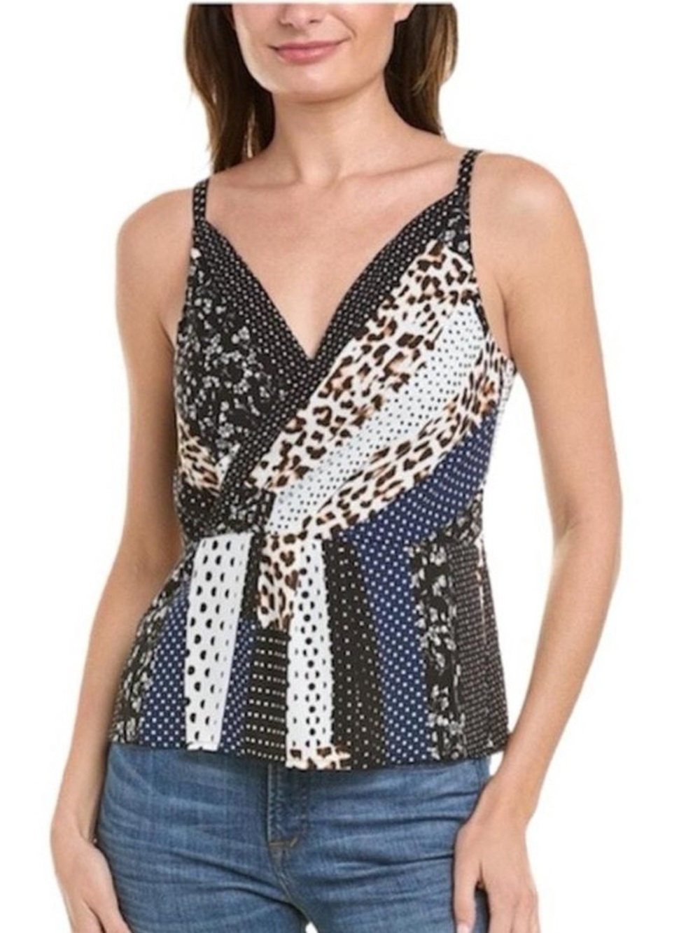CAbi Mixed-Print V-Neck Camisole in Black, White, Navy